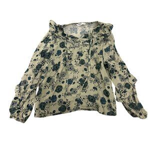Sonoma Womens M Floral Ruffle Top 100% Rayon Green & Blue Print Boho Cottage